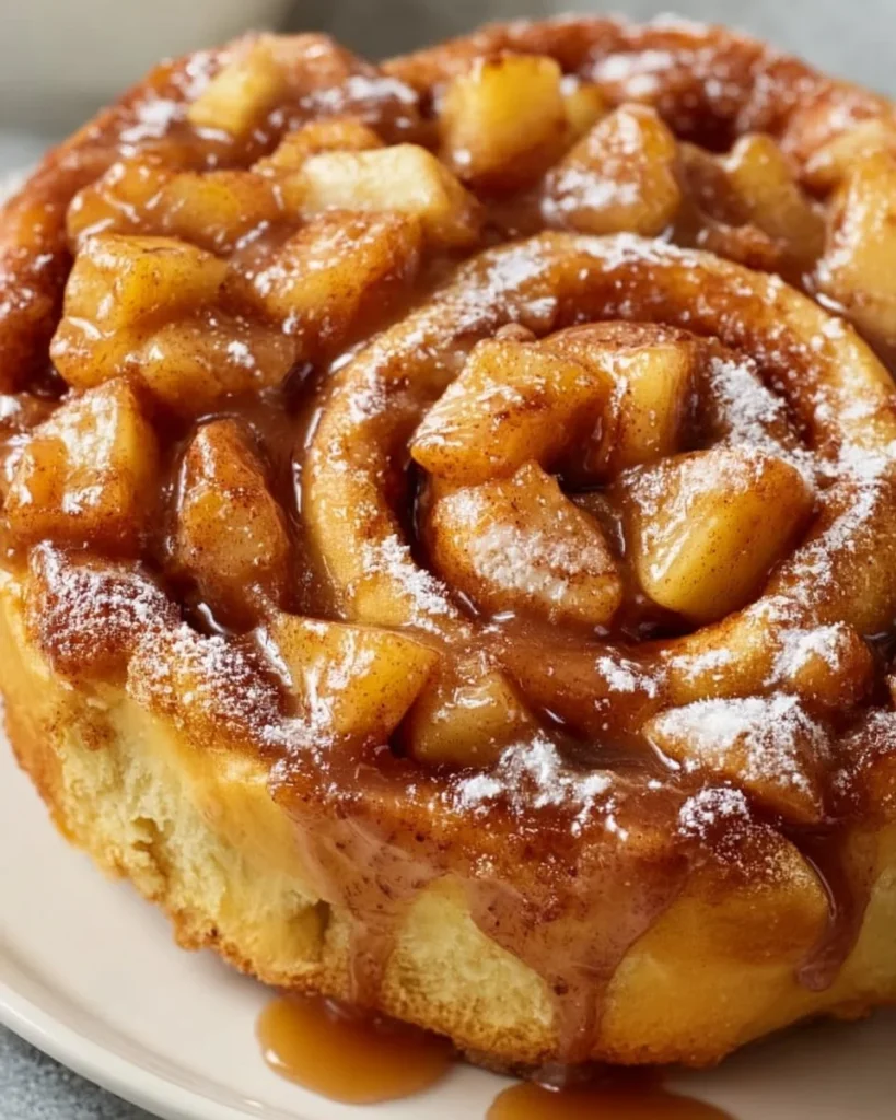 Freshly baked Apple Pie Cinnamon Rolls topped with creamy icing.