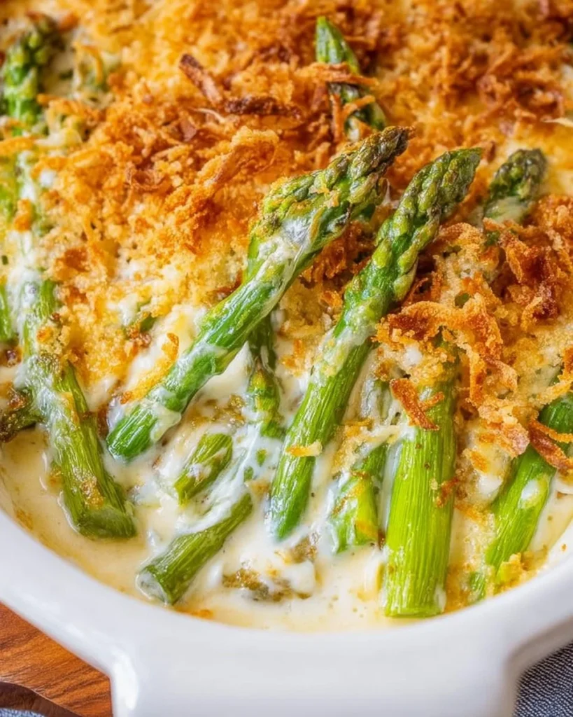 Delicious asparagus casserole topped with cheese in a baking dish