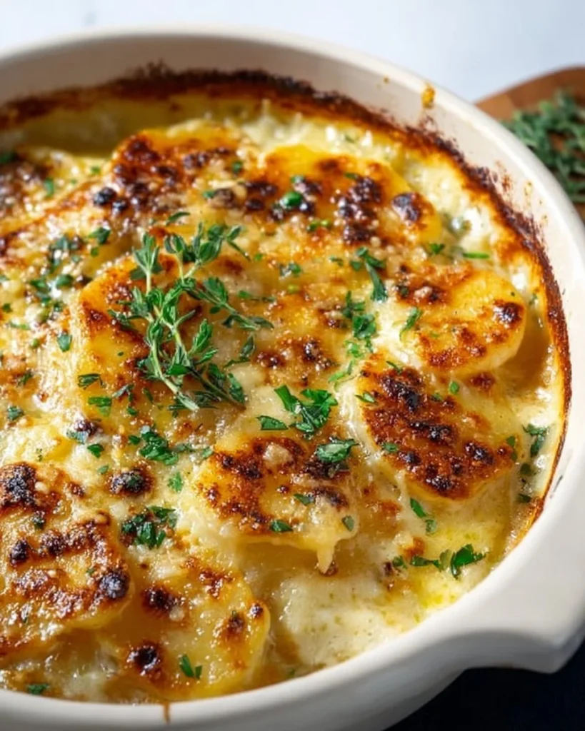 Creamy au gratin potatoes baked with cheese and herbs
