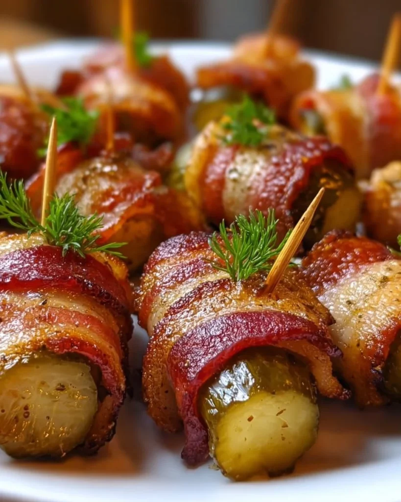 Delicious bacon-wrapped pickles appetizer served on a platter