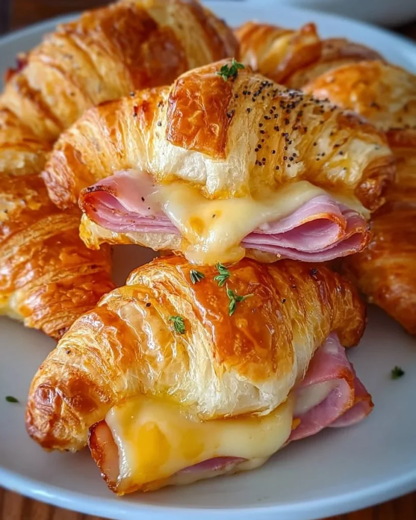Freshly baked ham and cheese croissants on a plate
