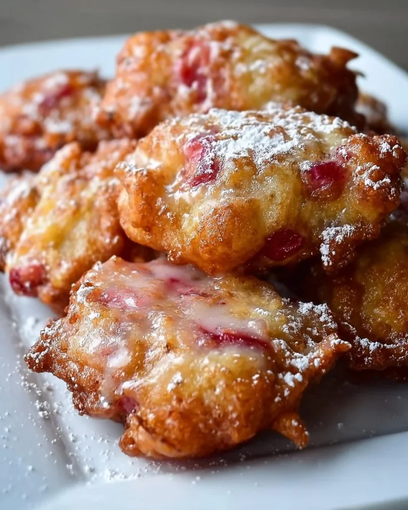 Delicious baked rhubarb fritters served on a plate with a garnish