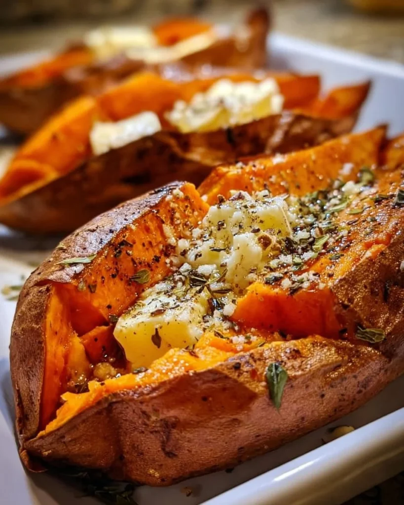 Baked sweet potatoes served with herbs on a rustic plate