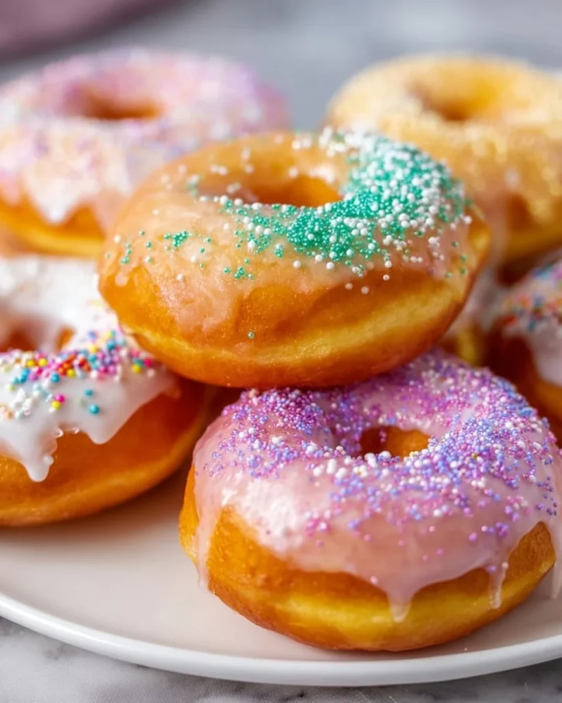 A plate of freshly baked vanilla donuts topped with glaze and sprinkles