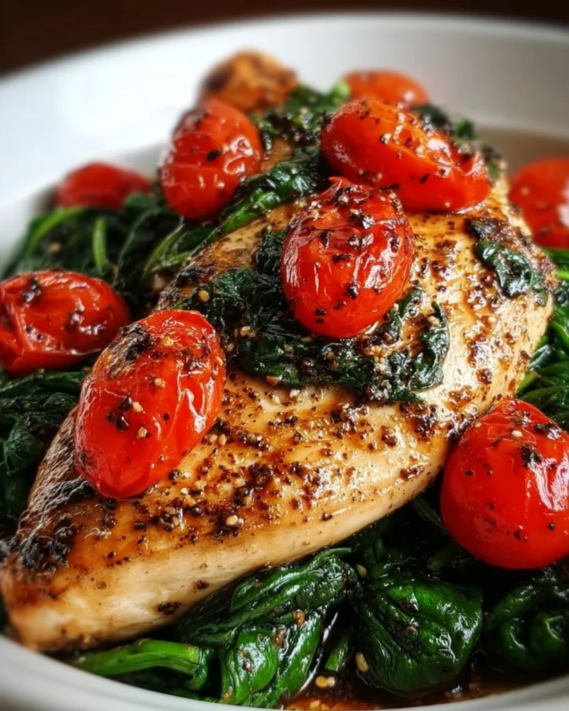 Balsamic chicken breast with fresh spinach and tomatoes