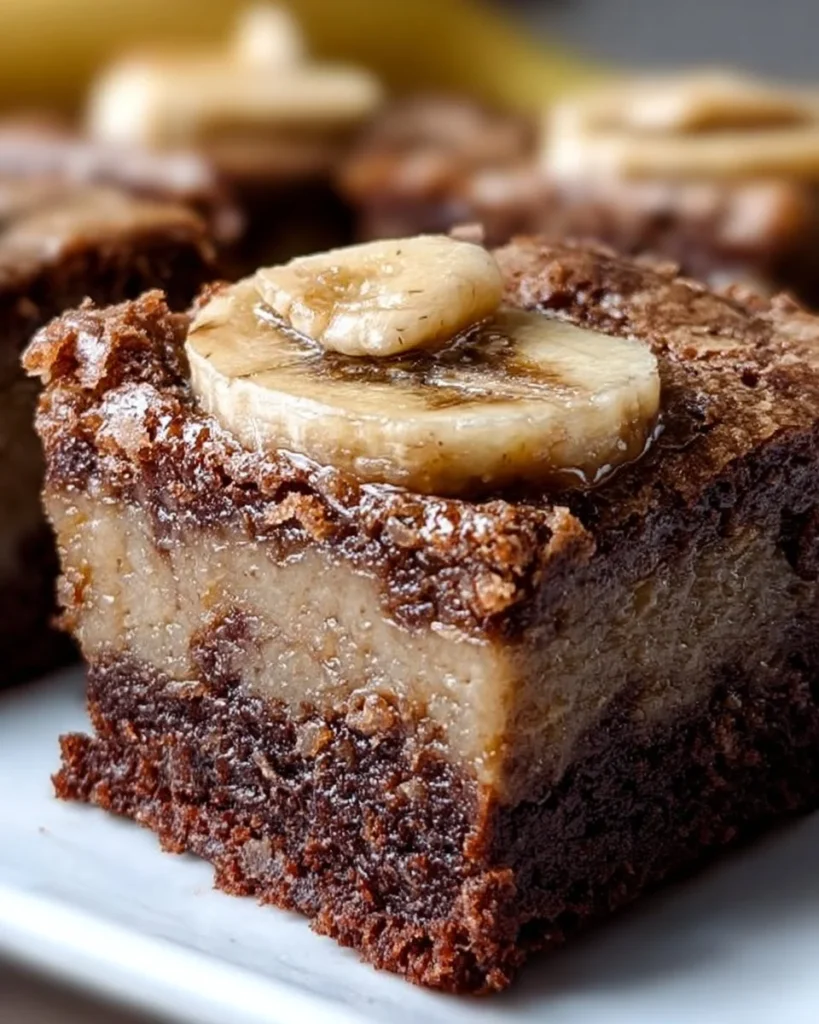 Delicious banana bread brownies topped with chocolate drizzle on a white plate.