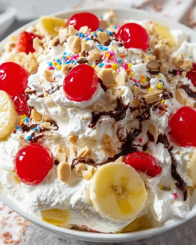 Banana Split Fluff Salad served in a bowl with fruits and toppings