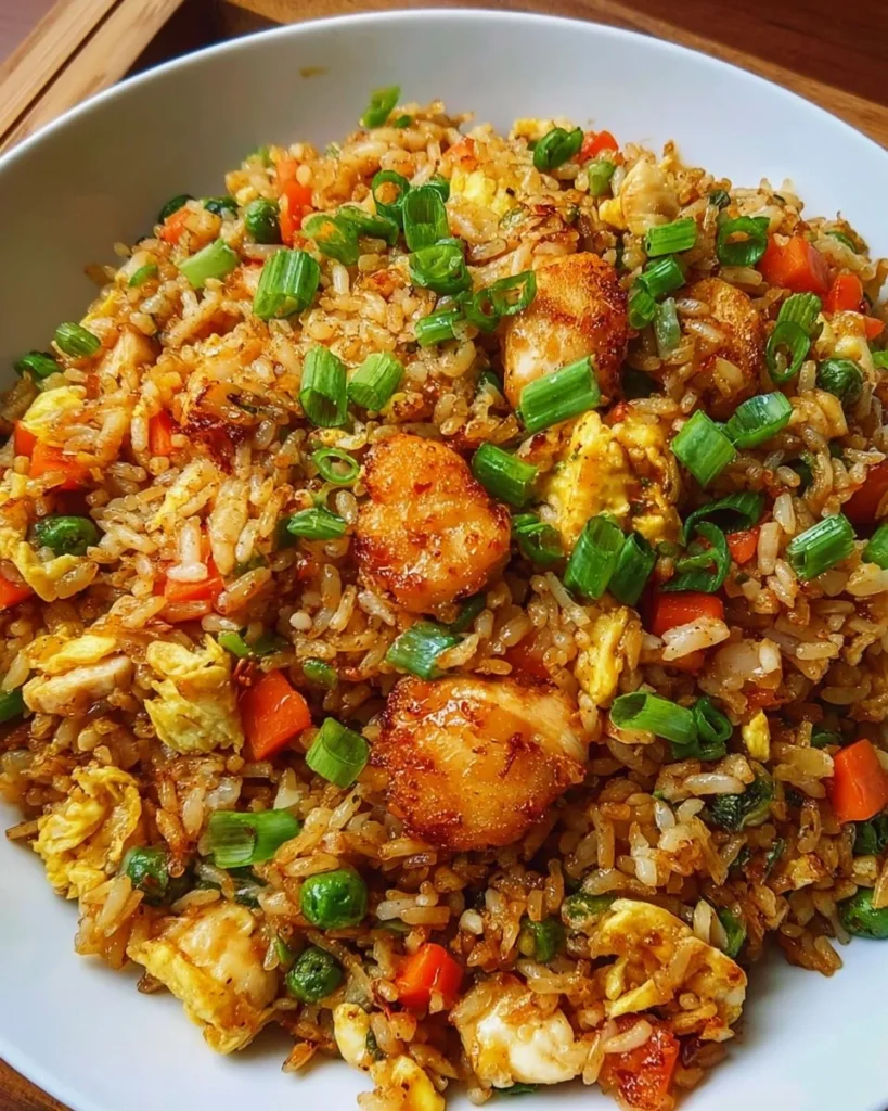A vibrant plate of Bang Bang Fried Rice, garnished with vegetables and spices.