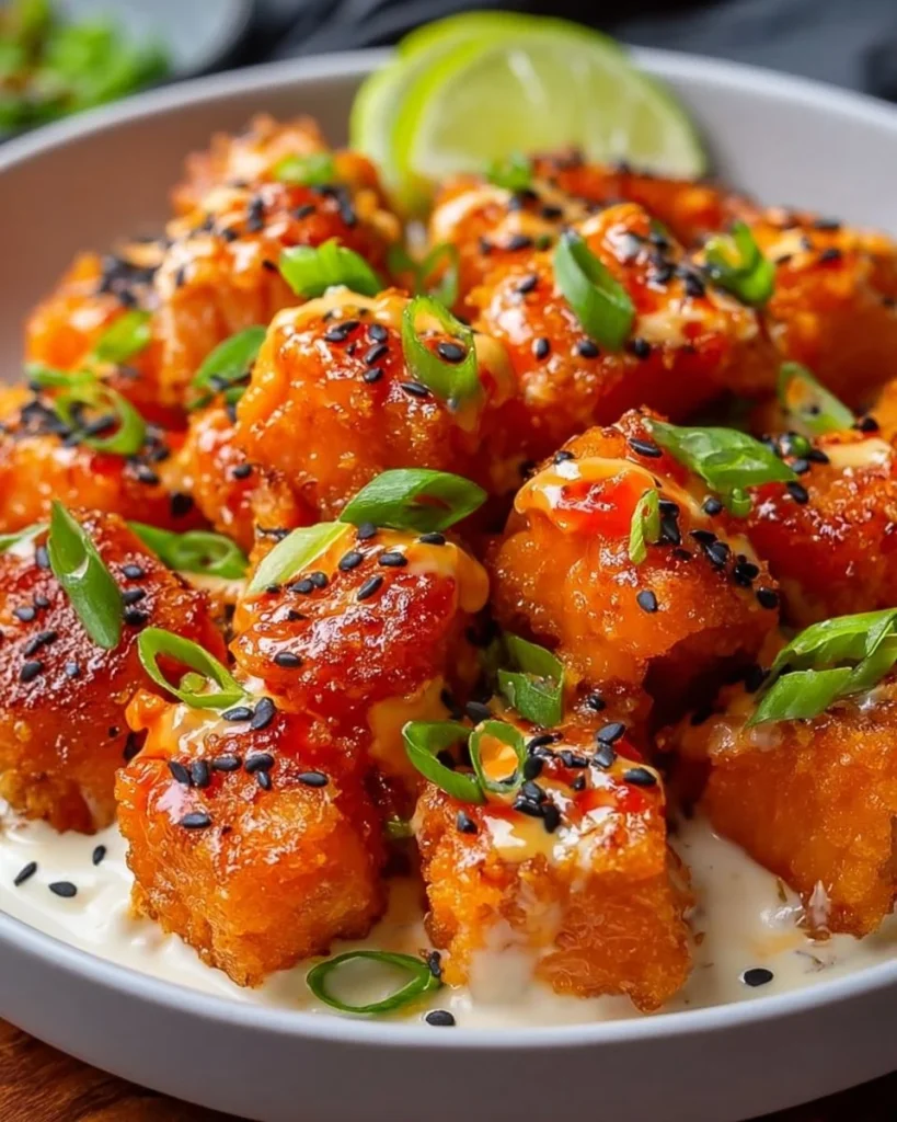 Plate of crispy Bang Bang Salmon Bites garnished with sauce and herbs.