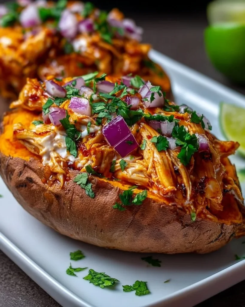 BBQ chicken stuffed inside sweet potatoes topped with herbs and spices