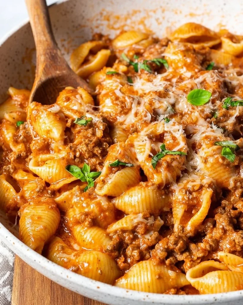 Delicious plate of Beef and Shells pasta with creamy sauce and ground beef