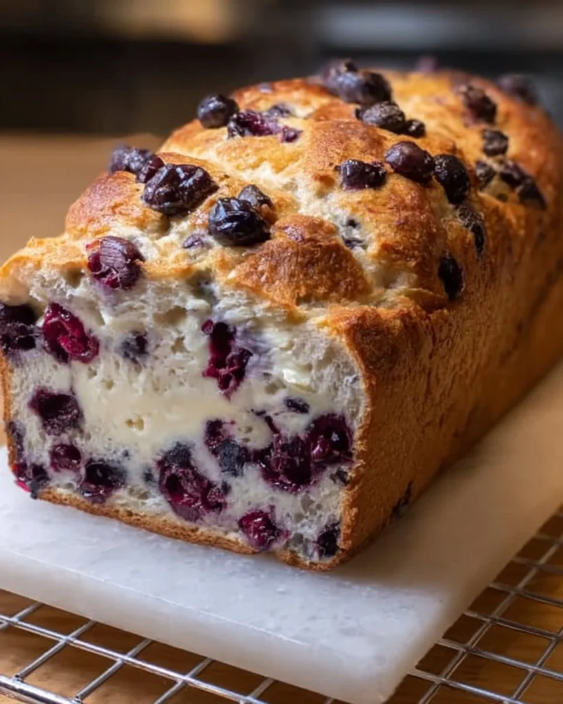 Freshly baked Blueberry Cream Cheese Sourdough Loaf with blueberries and cream cheese swirls
