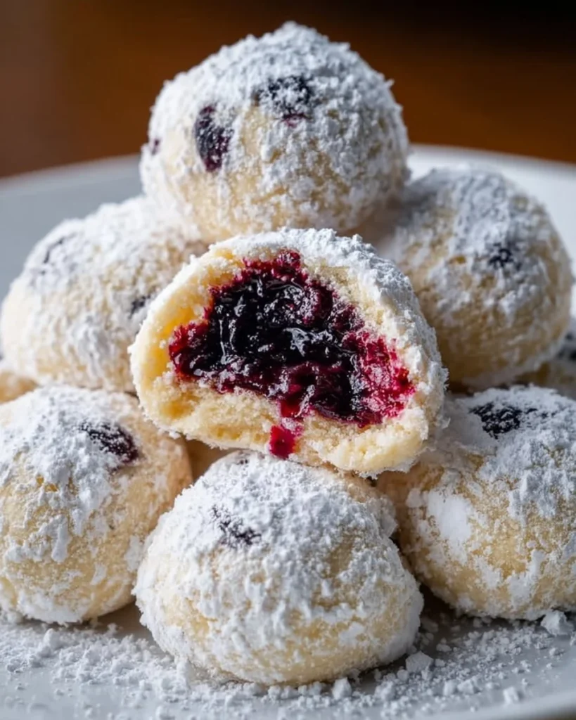 Blueberry-Filled Almond Snowball Cookies dusted with powdered sugar
