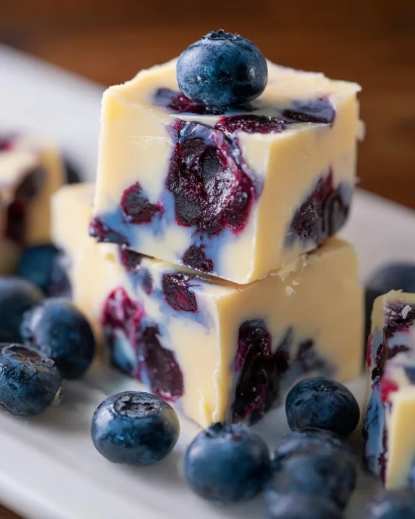 Homemade blueberry fudge with fresh blueberries and creamy texture