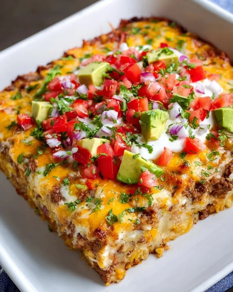 Delicious burrito casserole topped with cheese and fresh ingredients