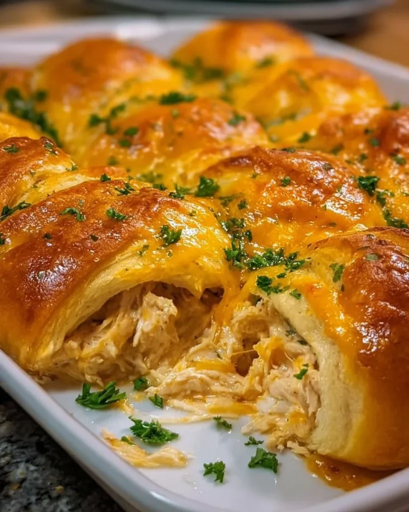 Cheesy Chicken Crescent Bake topped with melted cheese and herbs