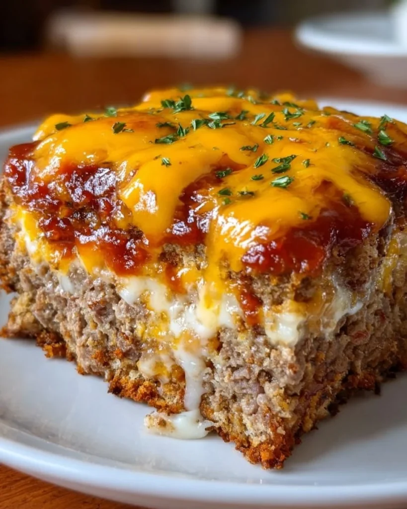 Delicious Cheesy Meatloaf Casserole topped with melted cheese