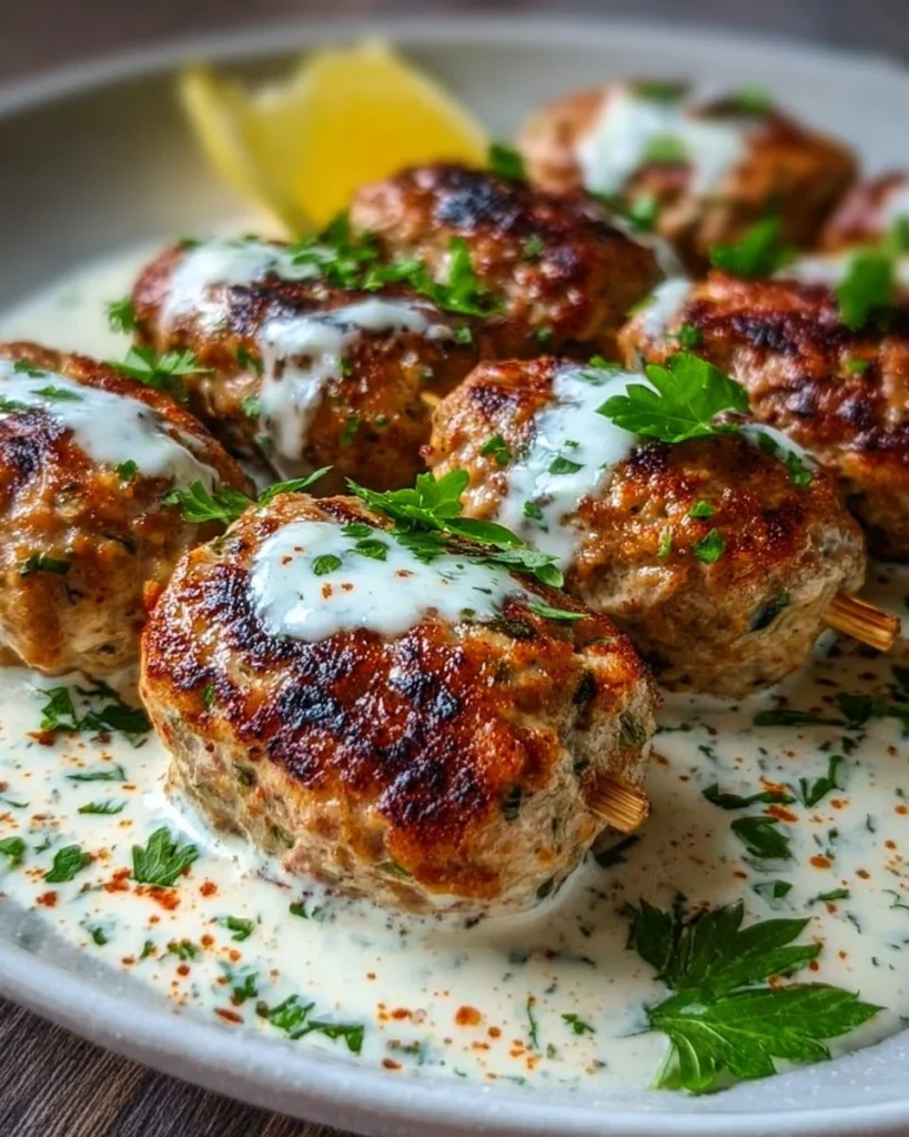 Chicken Kofta served with creamy garlic yogurt sauce on a plate