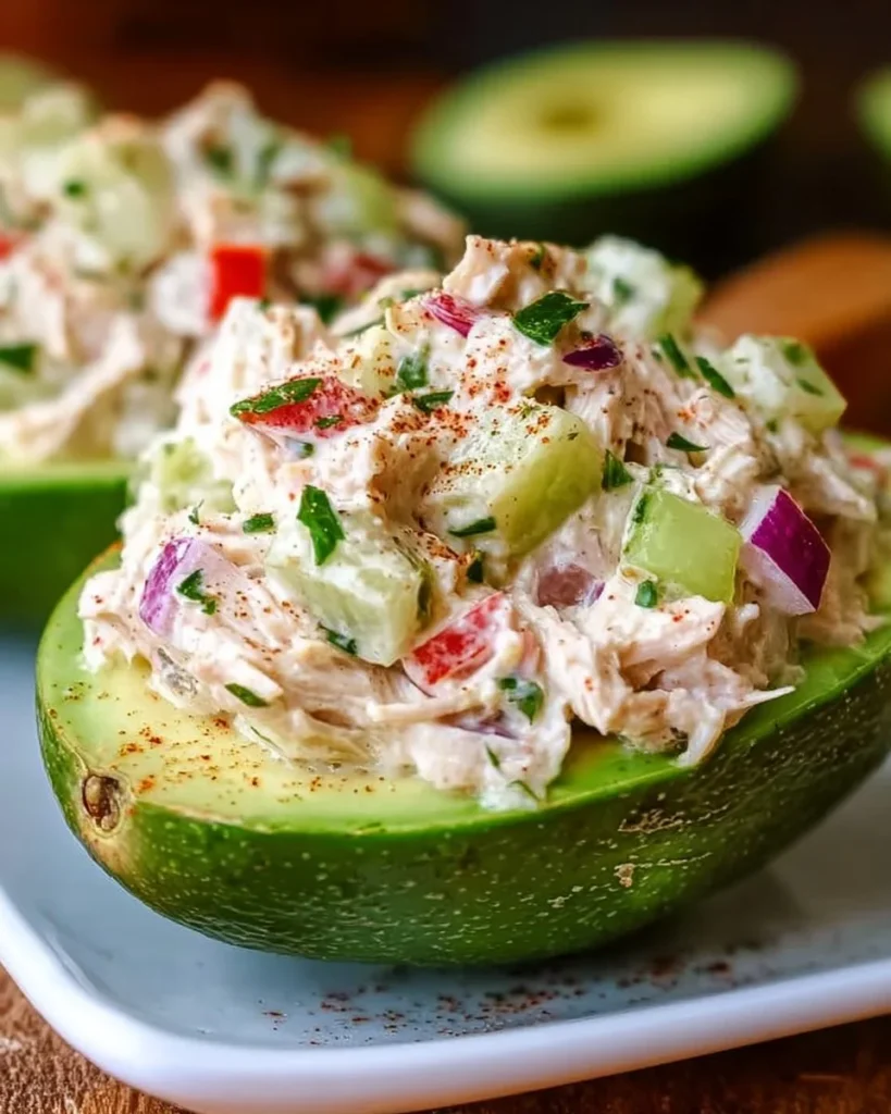 Healthy Chicken Salad Stuffed Avocado served on a plate