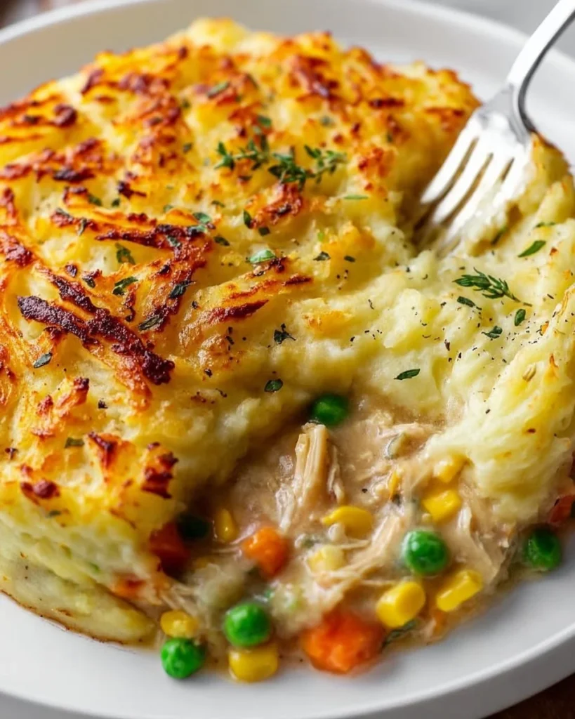 Delicious Chicken Shepherd's Pie topped with golden mashed potatoes