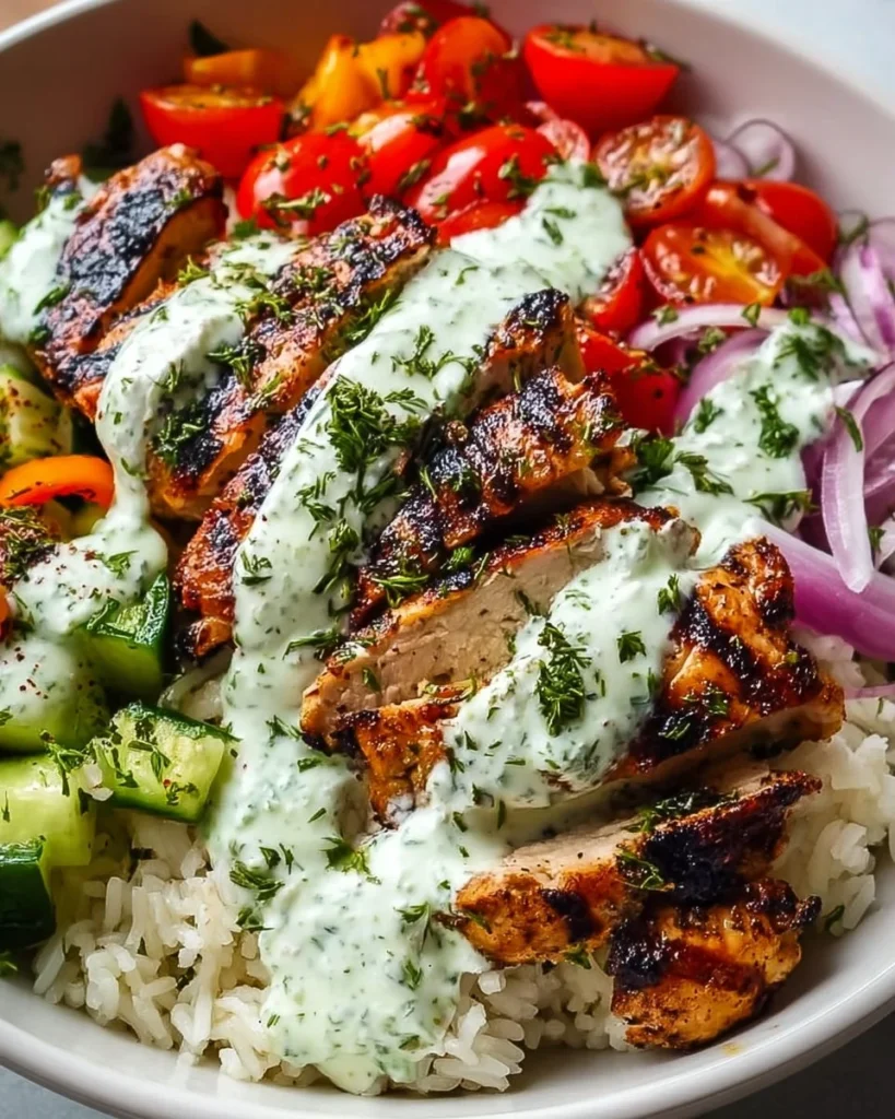 Delicious Chicken Tzatziki Bowl with marinated chicken and creamy sauce.