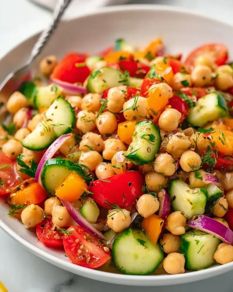 Colorful chickpea salad with fresh vegetables and herbs in a bowl