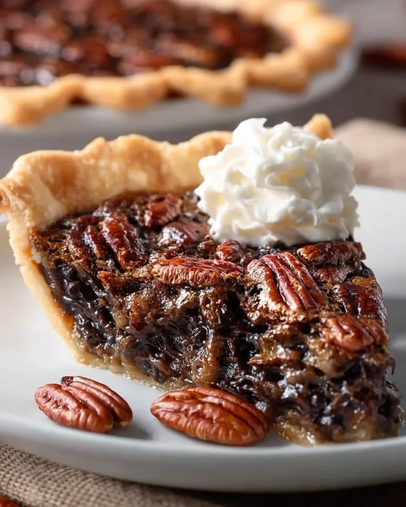 Delicious Chocolate Bourbon Pecan Pie with chocolate and pecans