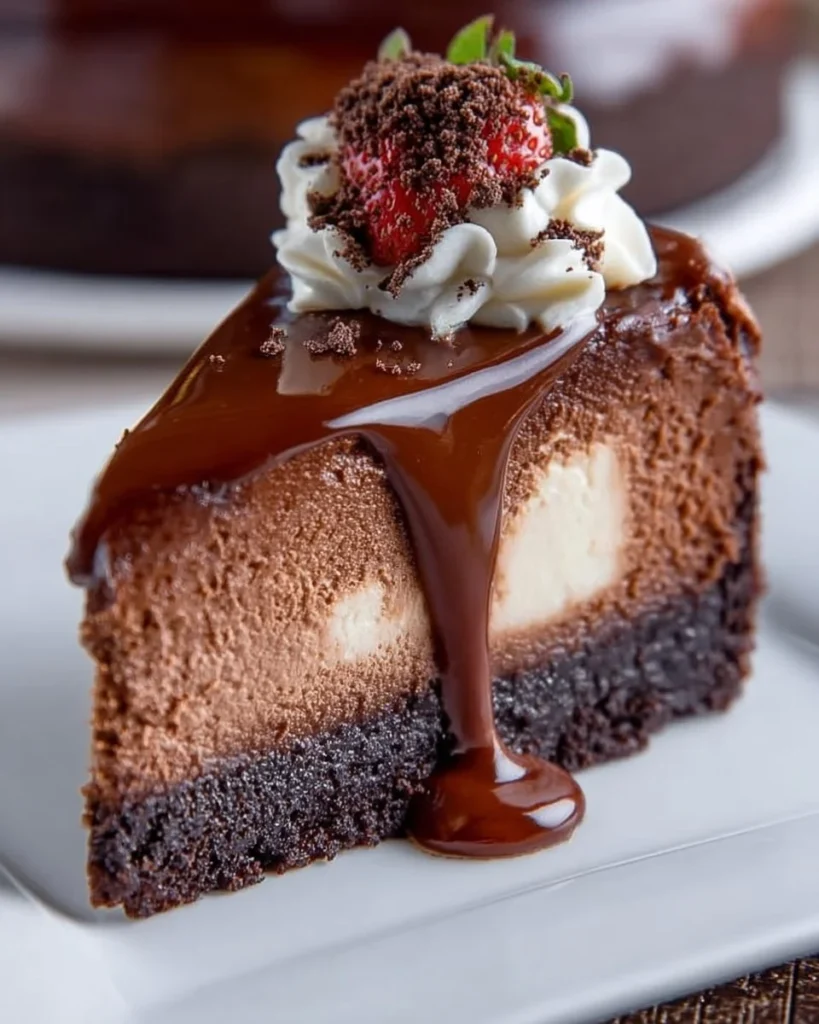 Decadent chocolate cheesecake slice on a plate with chocolate drizzle
