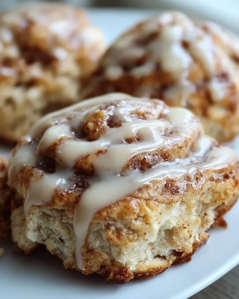 Freshly baked cinnamon bun scones topped with sweet icing on a wooden table.