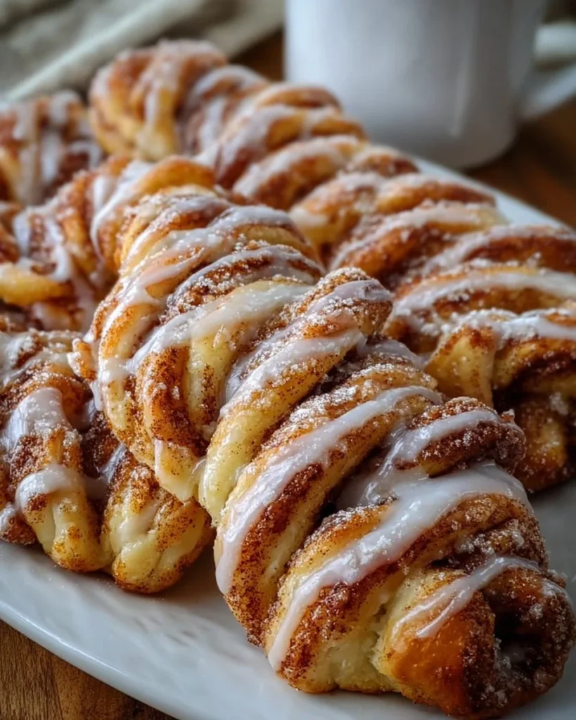 Freshly baked cinnamon roll bread twists with icing on top
