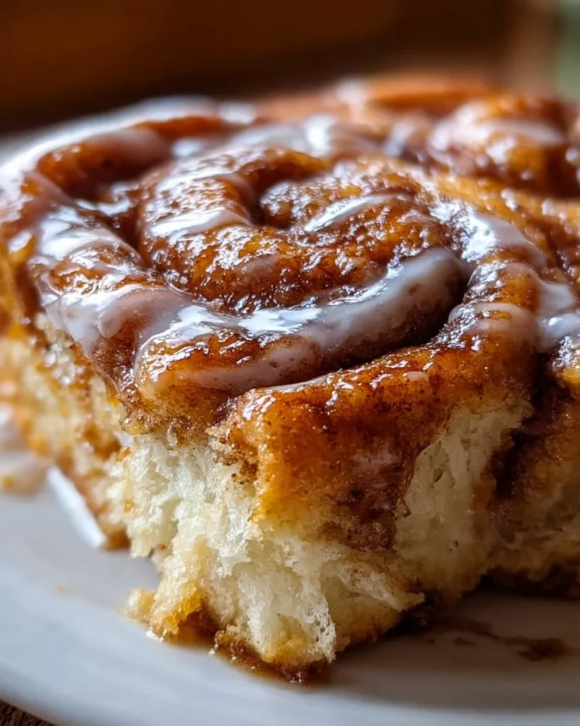 Freshly baked cinnamon roll focaccia topped with sweet icing and cinnamon.