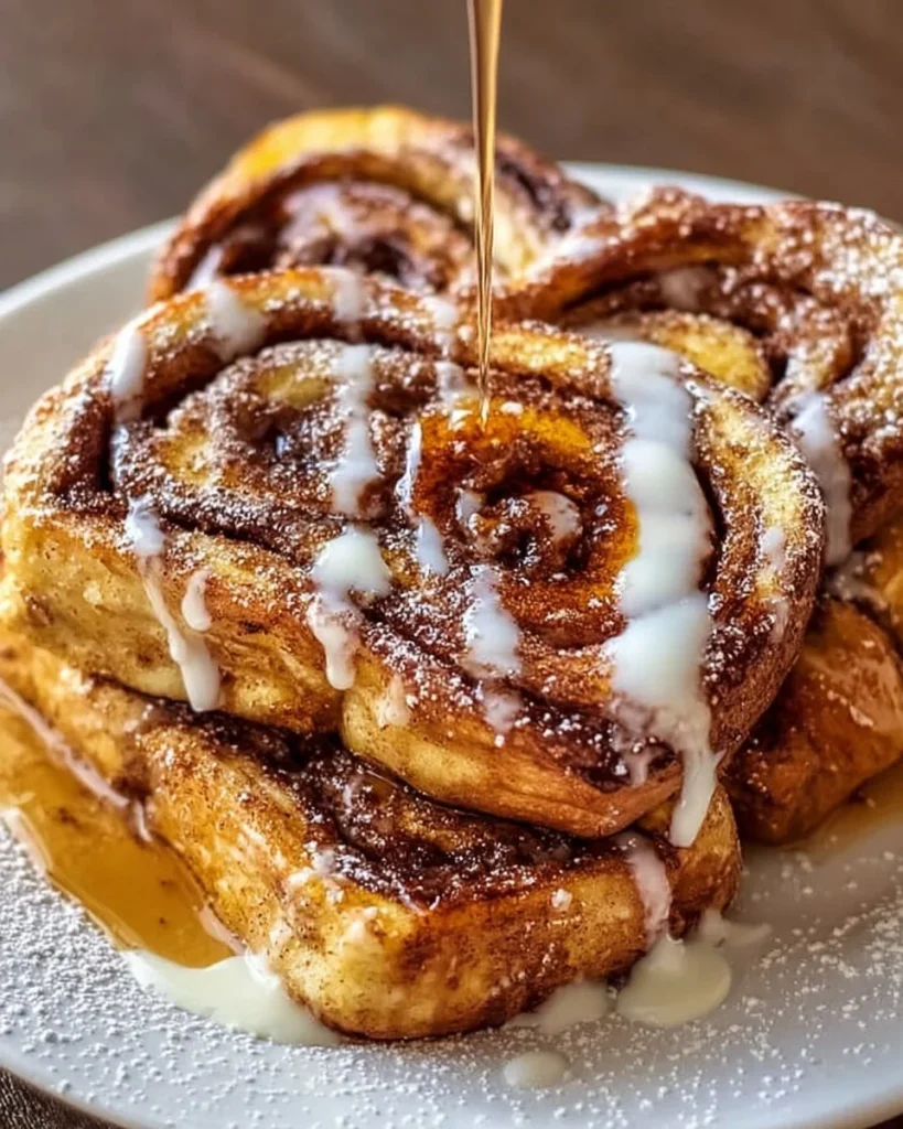 A plate of delicious Cinnamon Roll French Toast topped with icing and berries.