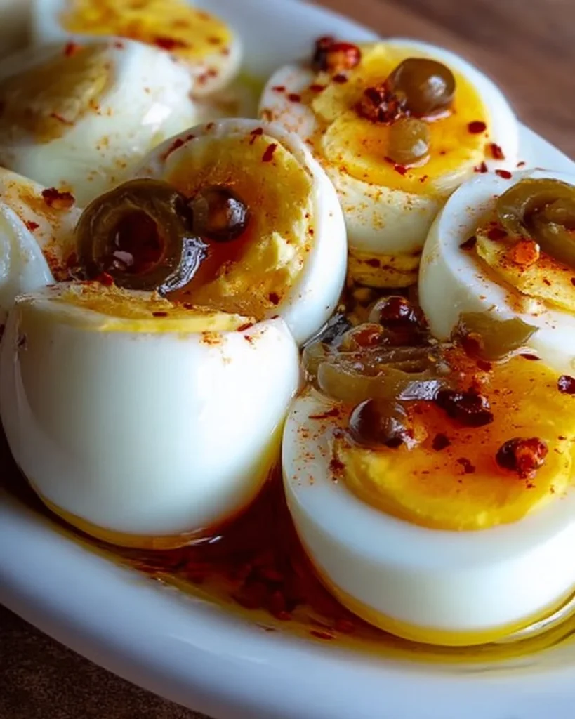 Delicious classic pickled eggs in a jar, with vibrant colors and spices.