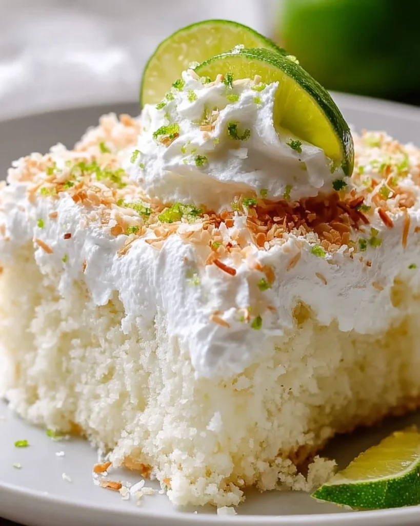 Delicious Coconut Lime Poke Cake garnished with lime slices and coconut