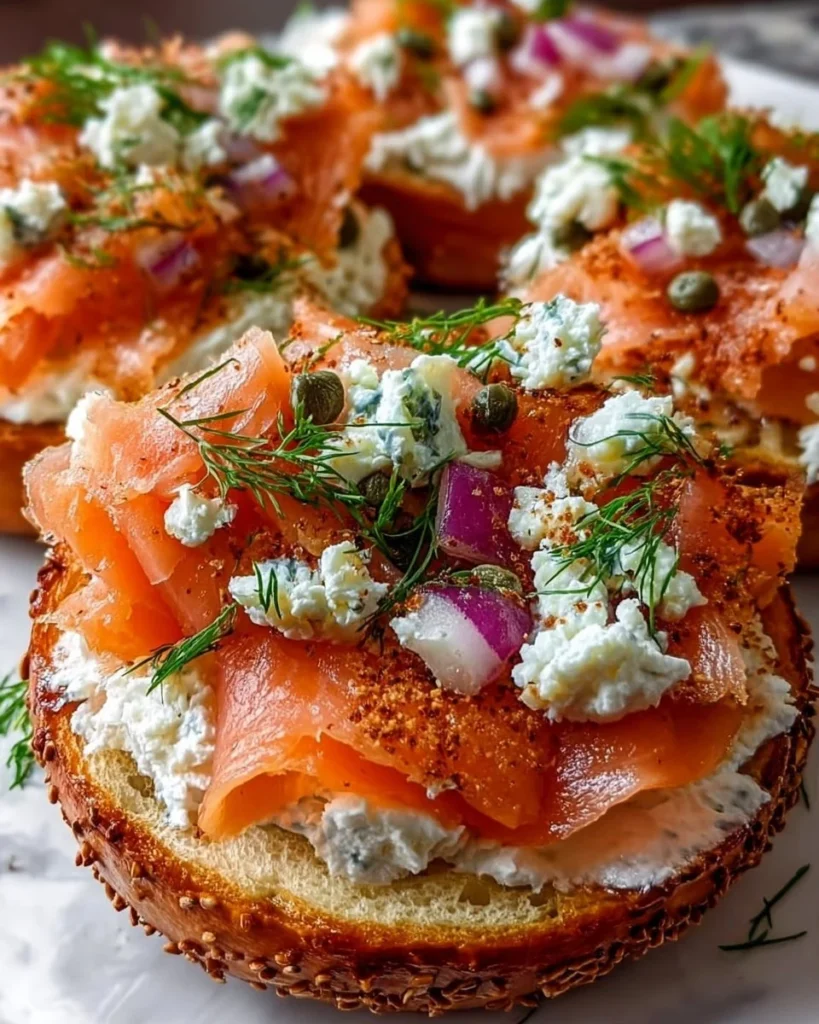 Cottage cheese bagels topped with smoked salmon and fresh herbs