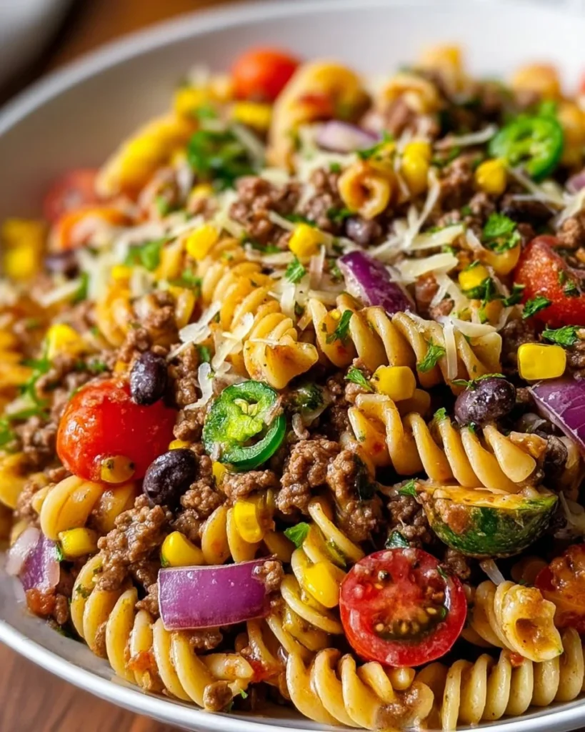 Colorful Cowboy Pasta Salad with vegetables and dressing in a bowl