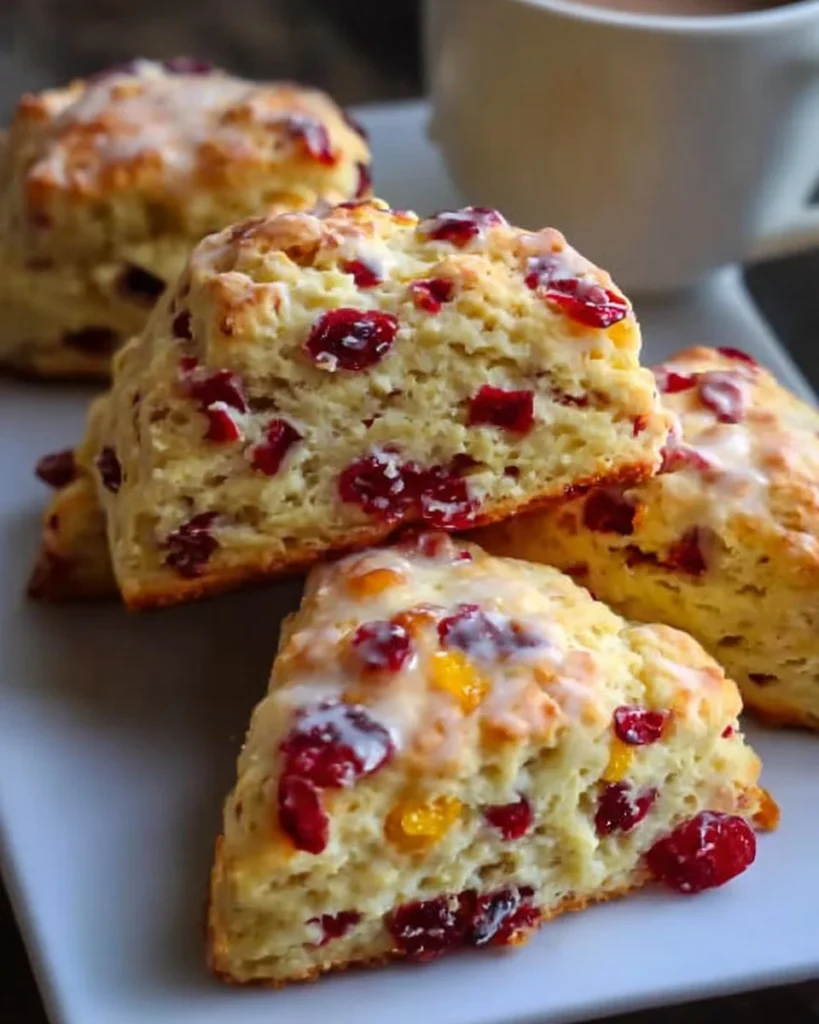 Freshly baked cranberry orange scones on a wooden table