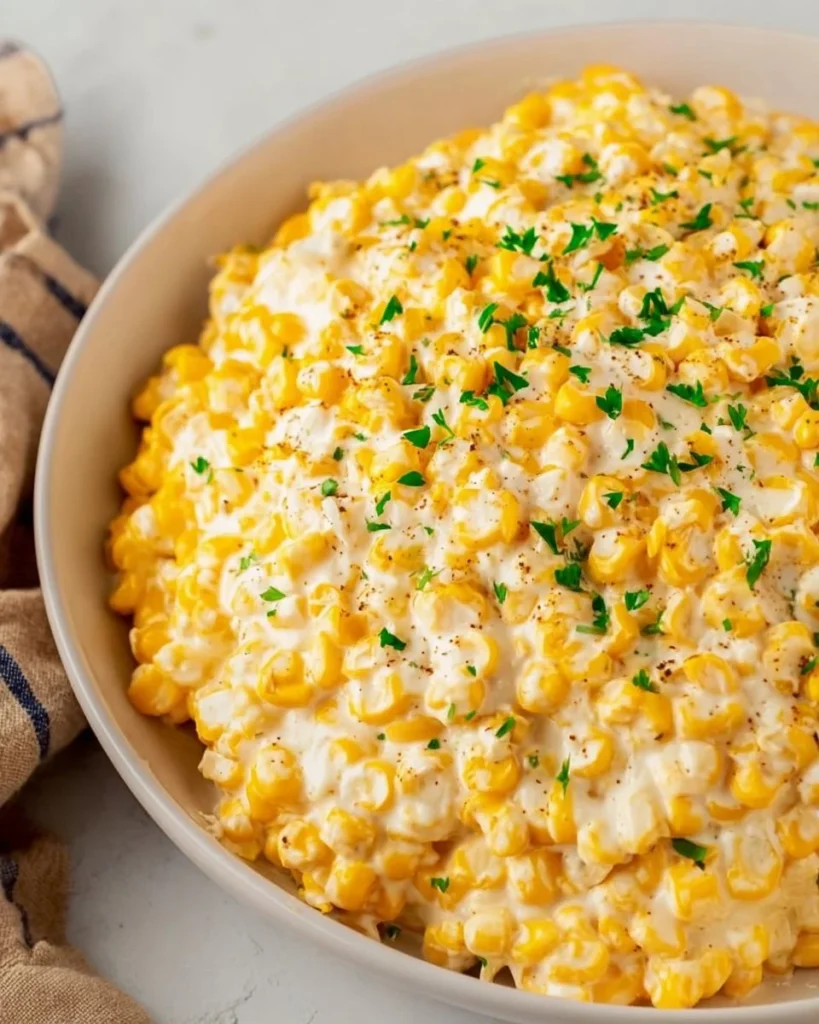 Delicious creamy dish of homemade creamed corn served in a bowl