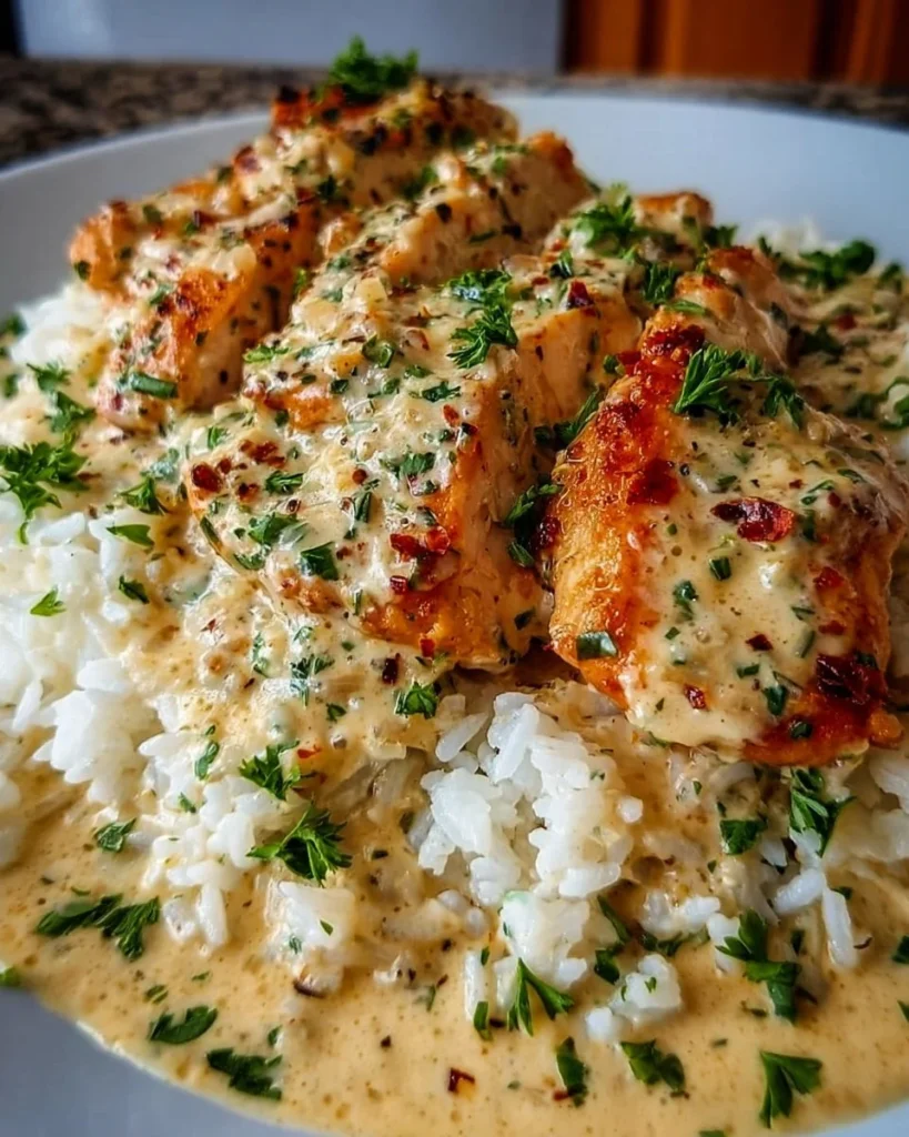 Creamy chicken and rice dish garnished with herbs