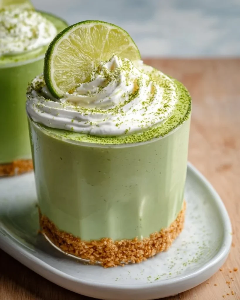 Creamy Coconut Key Lime Pie Smoothie topped with lime slices and coconut flakes