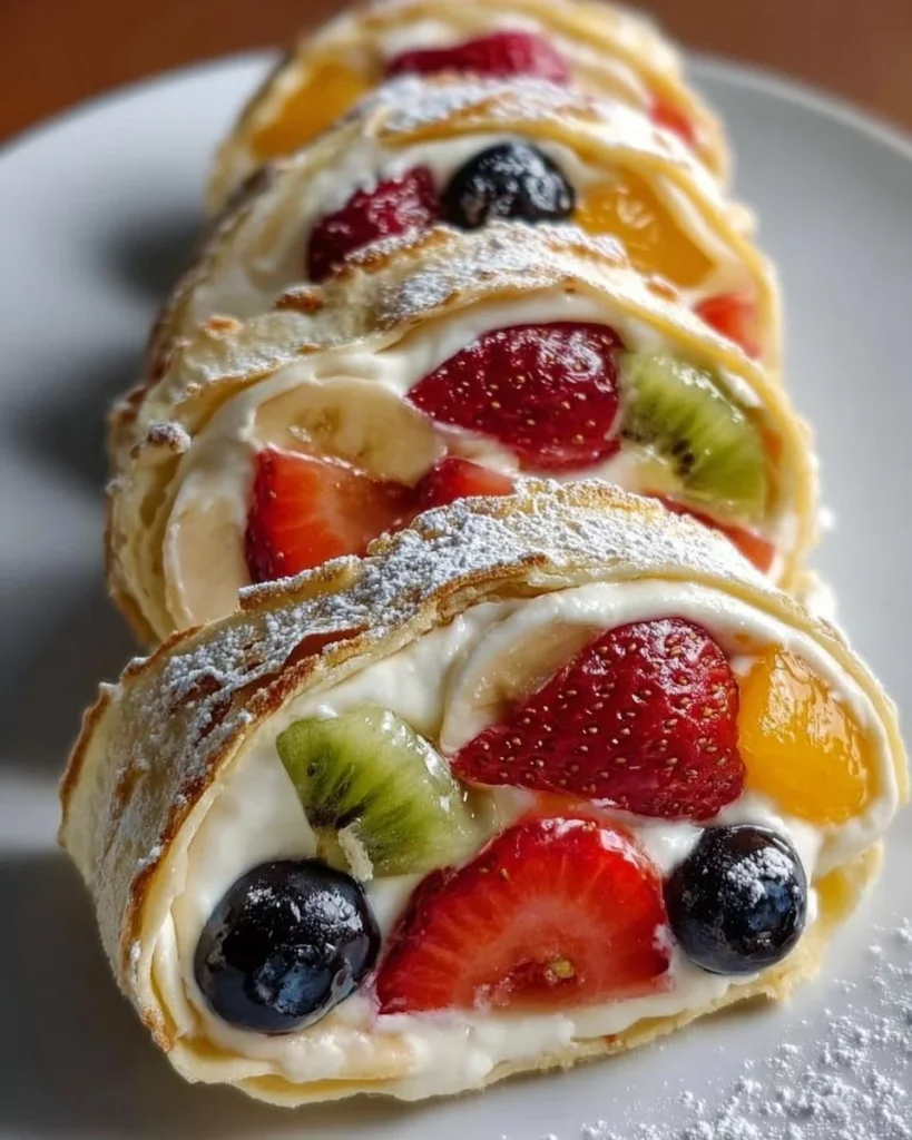 Creamy fruit salad rollups with fresh fruits and a creamy dressing