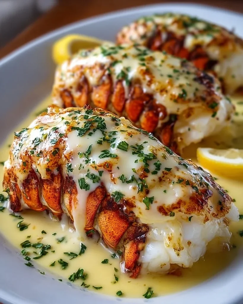 Creamy garlic butter lobster tails served on a plate with herbs