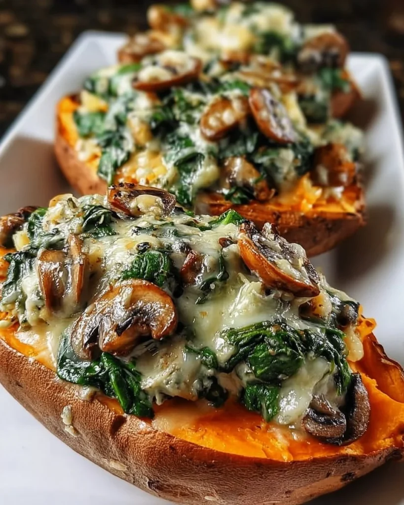 Creamy mushroom and spinach stuffed sweet potatoes served on a plate