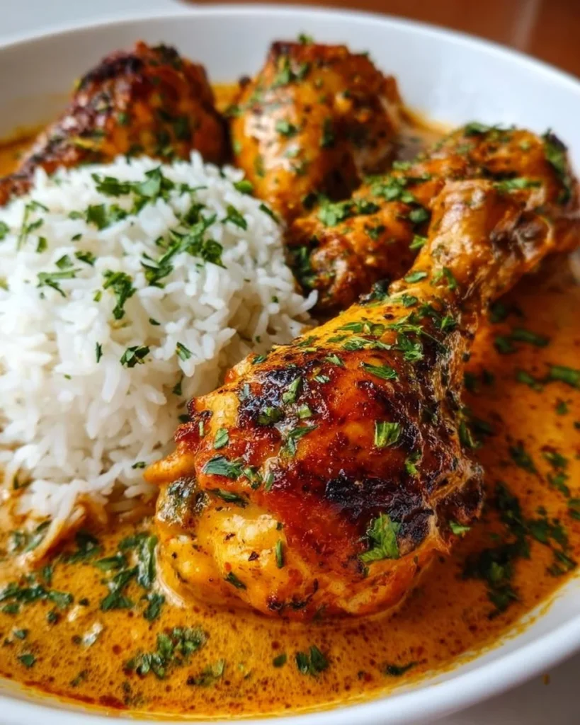 Creamy paprika chicken drumsticks served with steamed rice on a plate