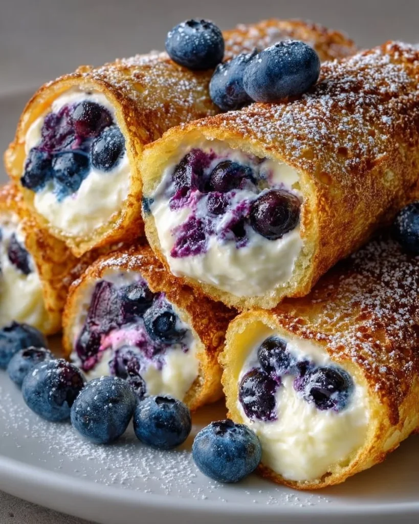 Crispy keto blueberry cream cheese roll-ups on a plate