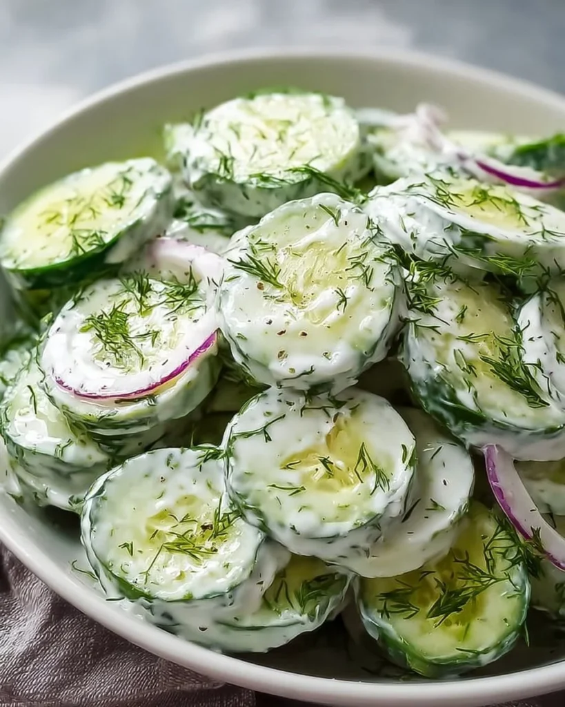 Dill yogurt cucumber salad served in a bowl with fresh ingredients.