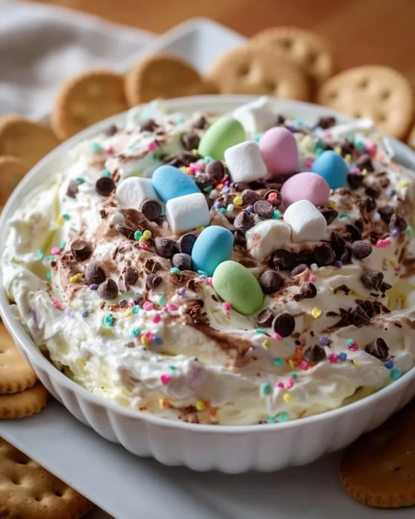 Easter dessert dip with colorful sprinkles and fruits for a festive celebration