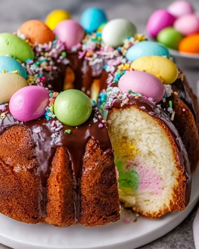 Colorful Easter Egg Cake decorated with pastel icing and eggs