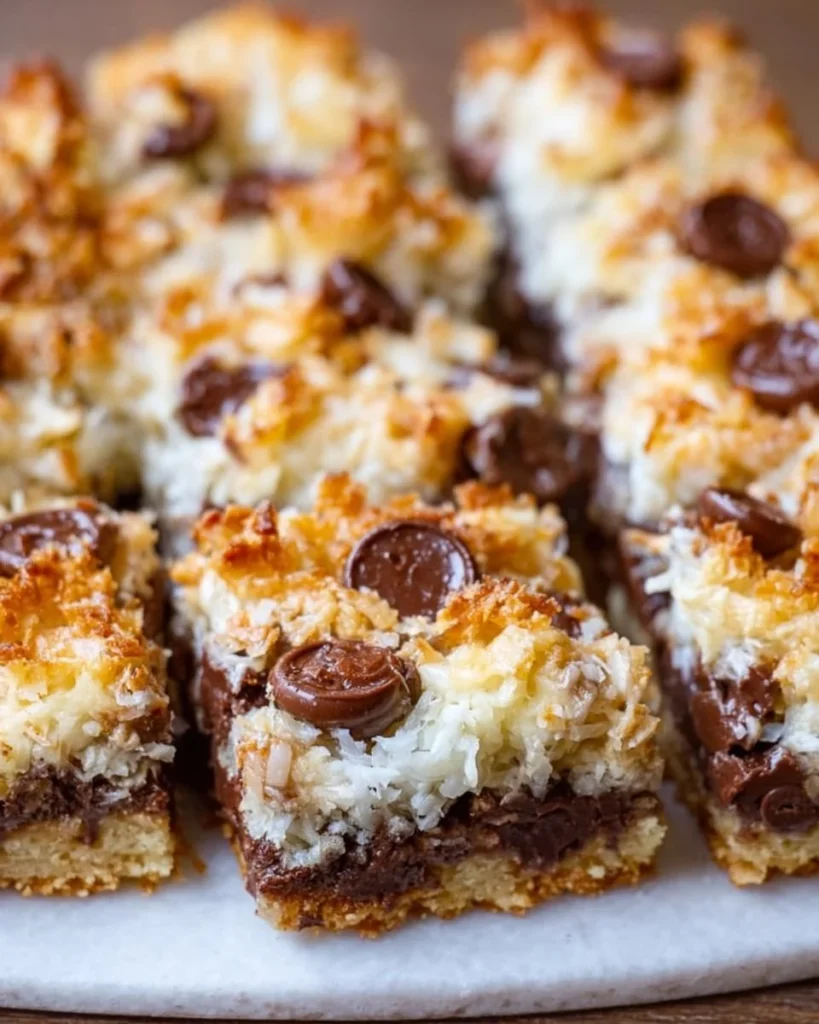 Delicious easy 7 layer bars dessert with chocolate, coconut, and nuts