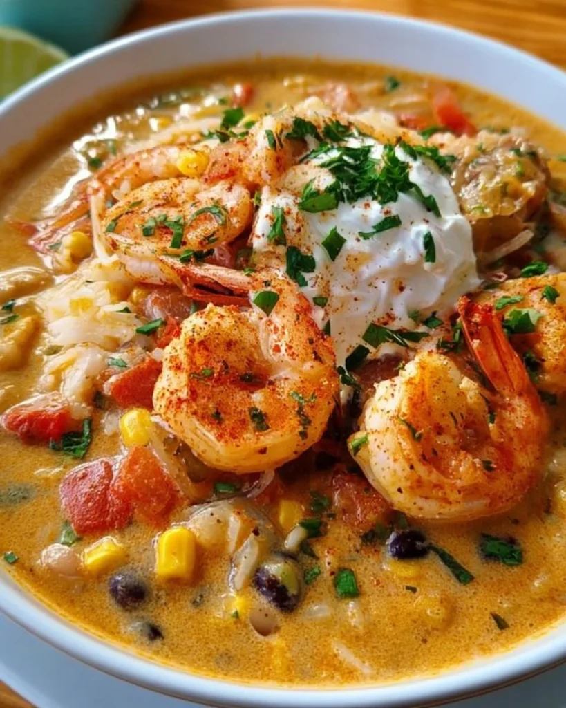 Bowl of creamy seafood and shrimp chili topped with fresh herbs